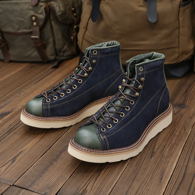 KOWM zapatos de senderismo de piel de vaca, botas para caminar para hombre, zapatillas de deporte británicas de suela gruesa, botas de motocicleta, zapatillas de tobillo, zapatos de trekking informales - imagen 3