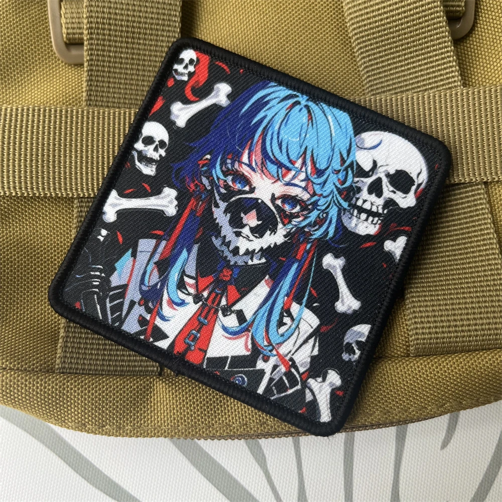 Parches de gancho y bucle con estampado Punk de esqueleto de chica enmascarada, insignia de moral táctica, pegatina decorativa para mochila - imagen 2