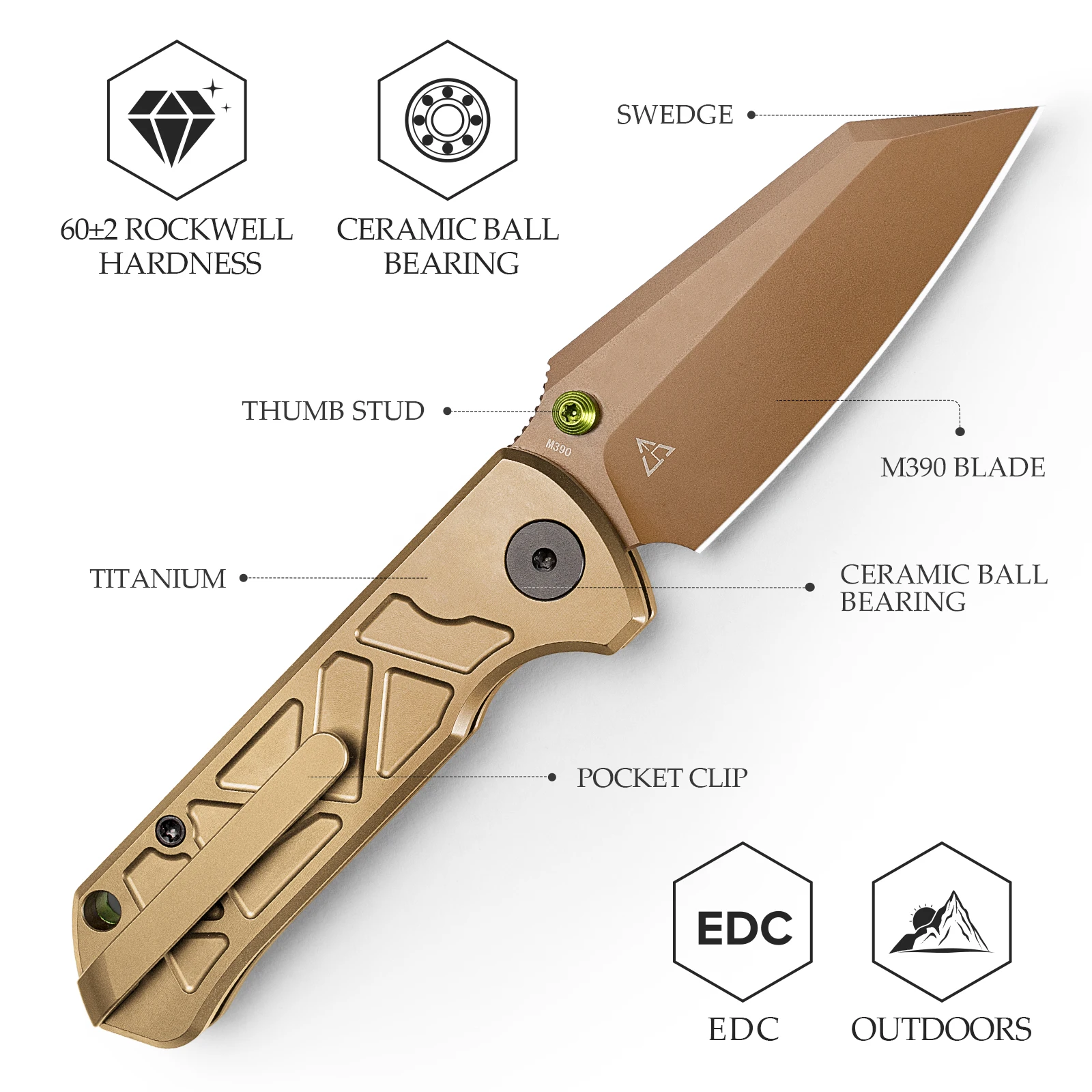 Cuchillo plegable TRIVISA Skarn M390, mango de titanio EDC - imagen 3