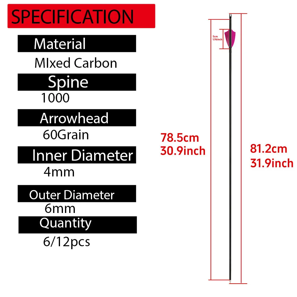 32 "SP1000 tiro con arco flecha de carbono mezclado ID4mm OD6mm 2" pluma de pavo 60Gr puntas de flecha arco tiro con arco objetivo entrenamiento caza - imagen 3