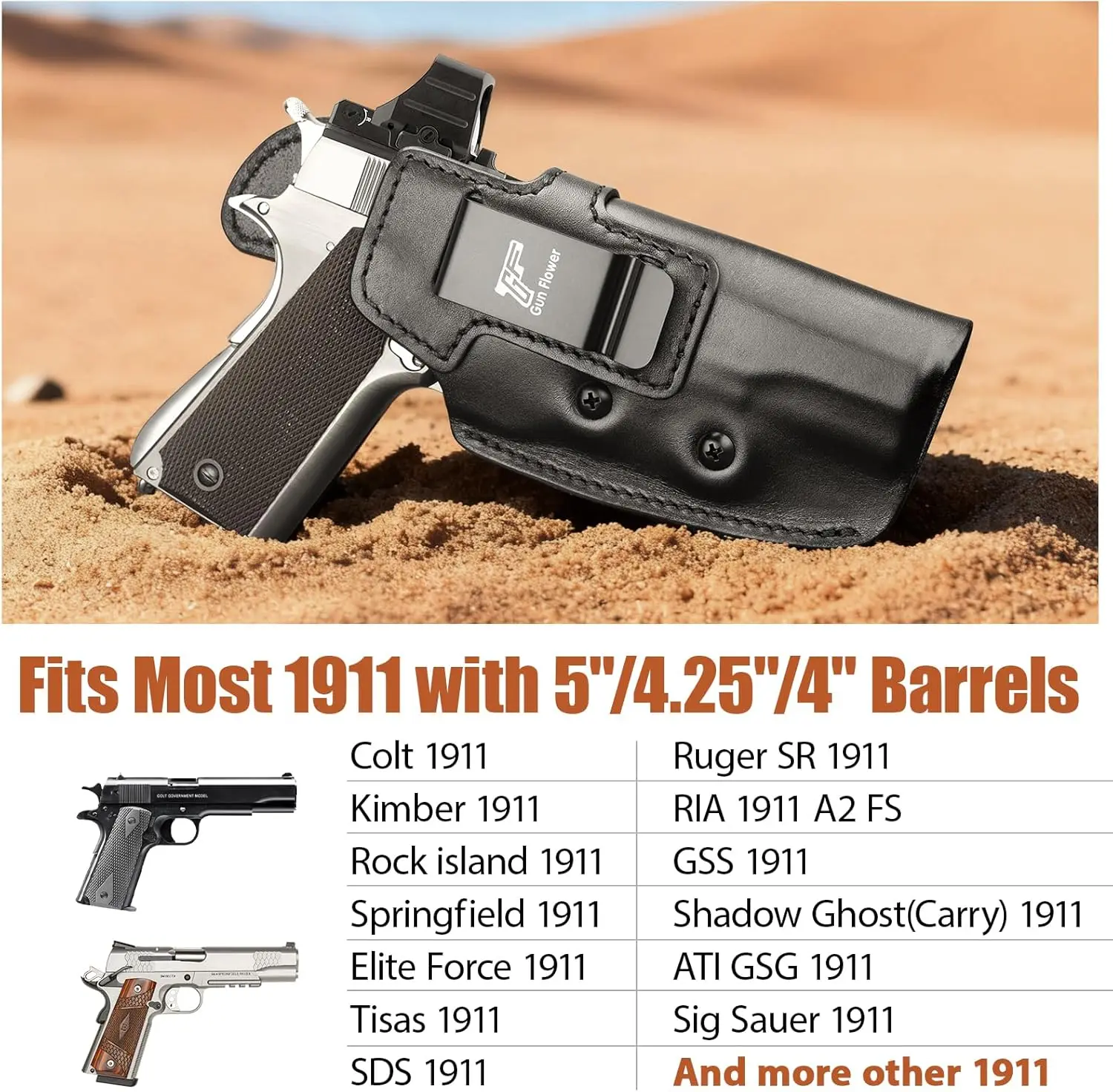 Funda de cuero IWB 1911, para barril de 5 ", 4,25", 4", riel, sin riel, compatible con Colt, Elite Force,Kimber,Rock Island,Springfield,Tisas,S&W,Ruger - imagen 3