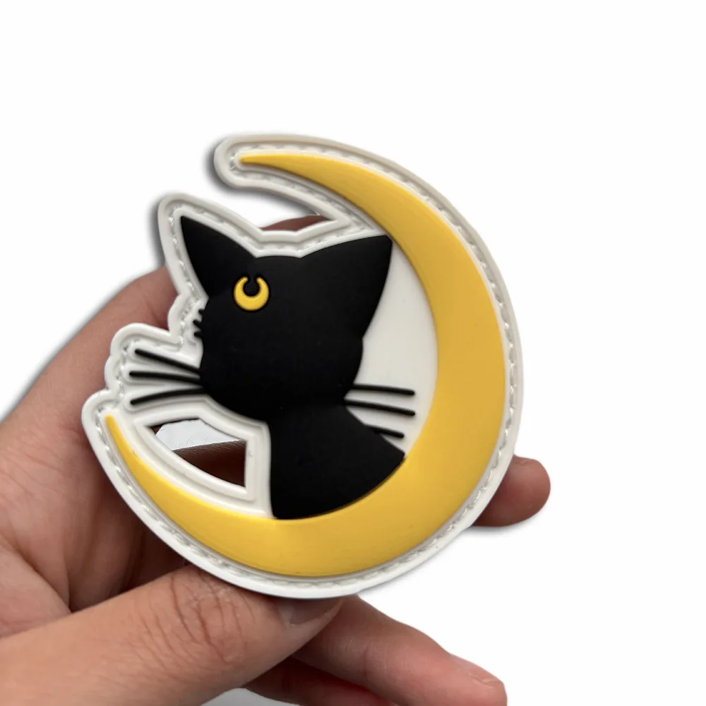 Divertida luna y gato, luz nocturna de goma suave de PVC, insignia de moral, parches tácticos de gancho y bucle, mochila para exteriores, pegatinas de apliques personalizadas
