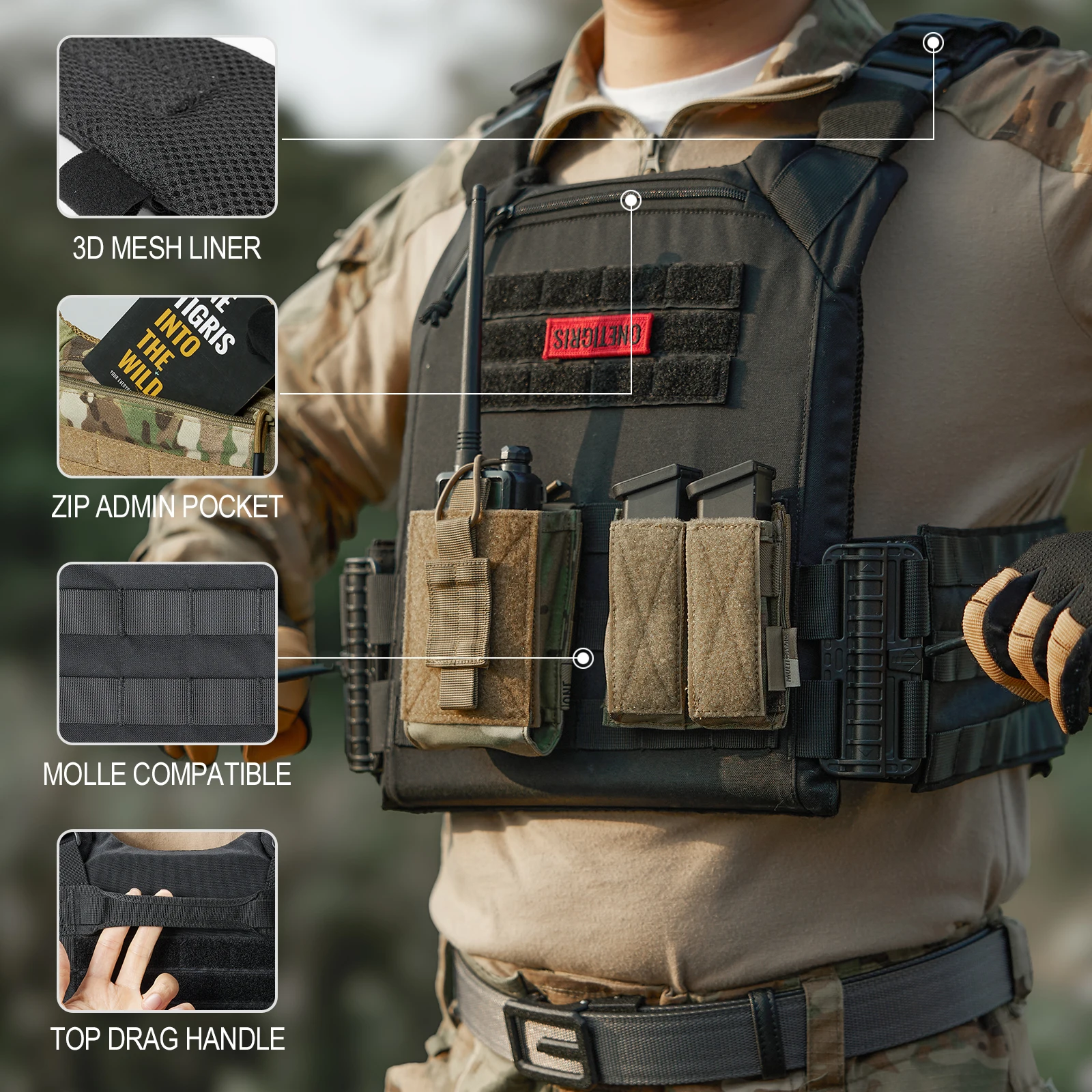 ONETIGRIS FYR chaleco táctico 500D Nylon chaleco ajustable de liberación rápida para chaleco de caza extraíble MOLLE multifunción de 32-45 pulgadas - imagen 2
