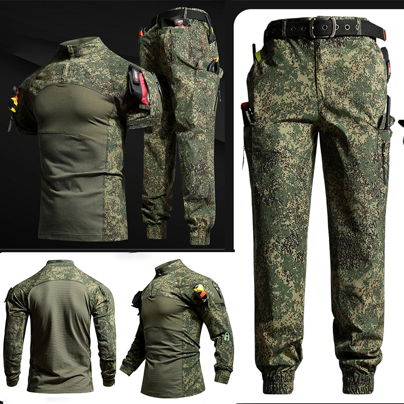 Conjunto de traje de camuflaje táctico para exteriores, pantalones de manga larga y de manga corta, duradero, cómodo y transpirable