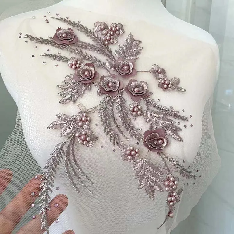 Parches de cuentas de diamantes de imitación, suministros de costura, apliques de flores 3d, tela de encaje bordado, coser parches para vestido, 1 par = 2 piezas/32x21CM - imagen 4