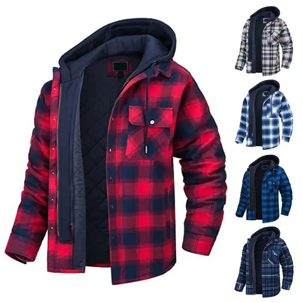 Chaqueta con capucha de invierno para hombre, Parkas a prueba de viento de algodón con capucha gruesa a la moda con cordón, camisa a cuadros, chaquetas informales para hombre - imagen 2