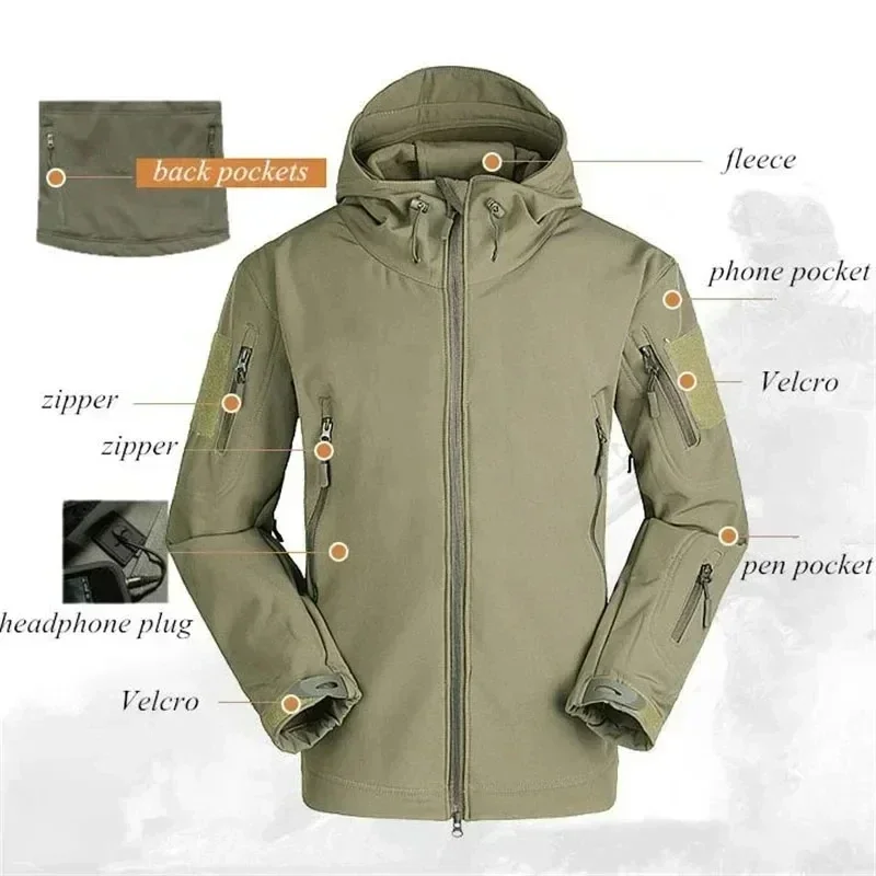 Chaquetas de caza de piel de tiburón para hombre, abrigos de bombardero tácticos impermeables a prueba de viento, chaquetas de senderismo con capucha - imagen 4