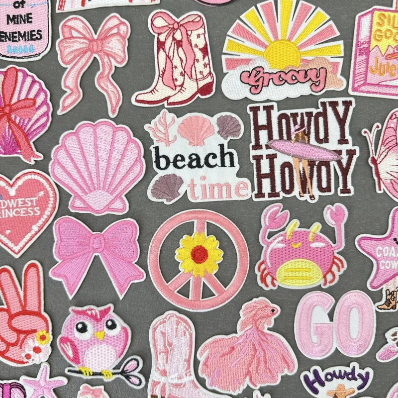 Parches bordados de flores de dibujos animados para ropa, parche rosa para surfear, playa, ballena, niña, parches para planchar en ropa, apliques adhesivos - imagen 2