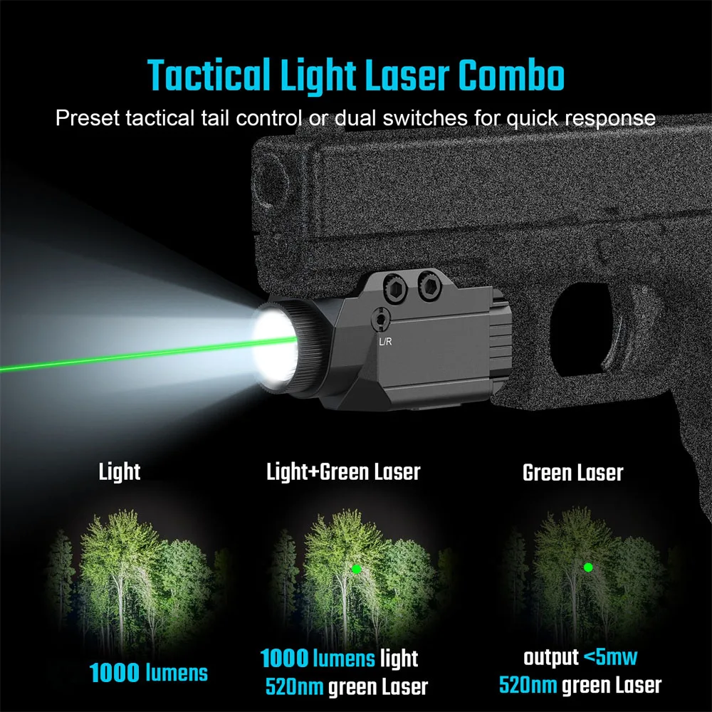 Combo de mira láser con luz de pistola de 1000 lúmenes para pistolas, Rifles, linterna táctica láser roja y verde para rieles Picatinny de 20mm - imagen 2