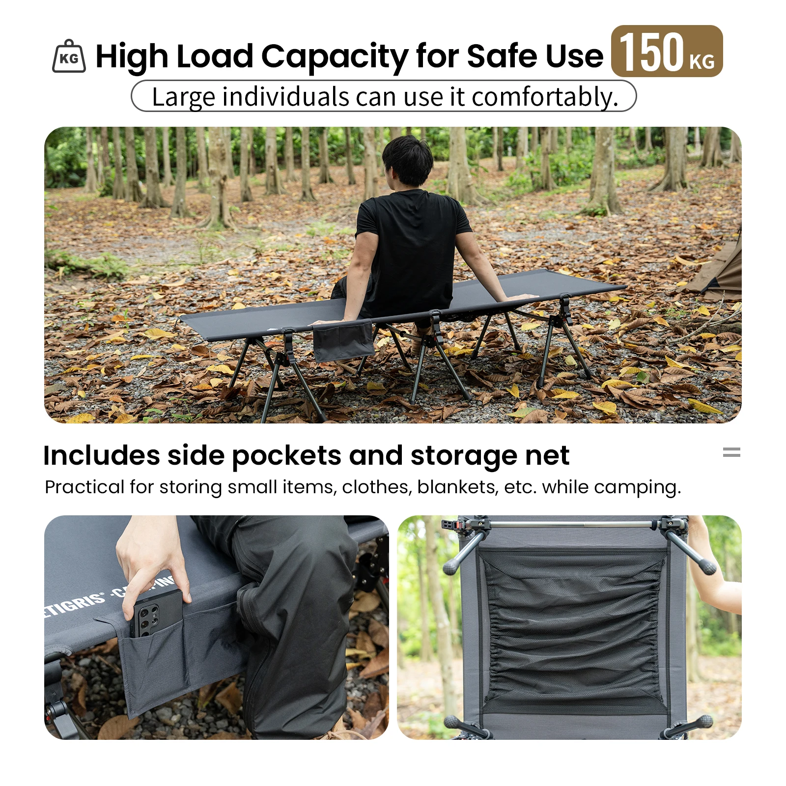 OneTigris Supranubis-cuna de Camping, cama plegable turística ligera y ajustable en altura para senderismo, viajes, camión, playa, oficina, siesta - imagen 3