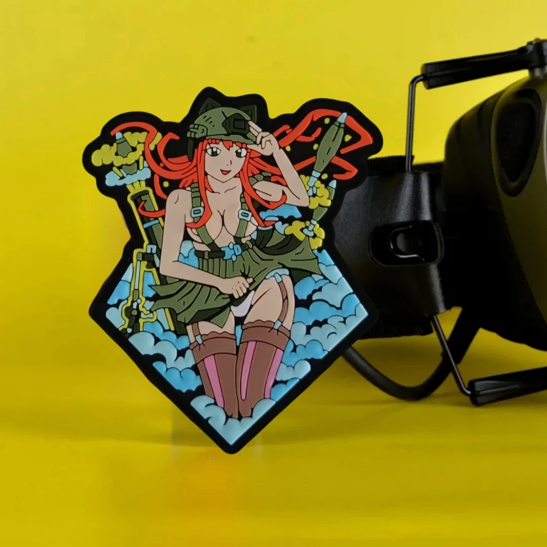 Chica de Anime en ondas, parches de gancho y bucle de PVC 3D para ropa, emblema de moral táctico, pegatina decorativa para mochila militar - imagen 4