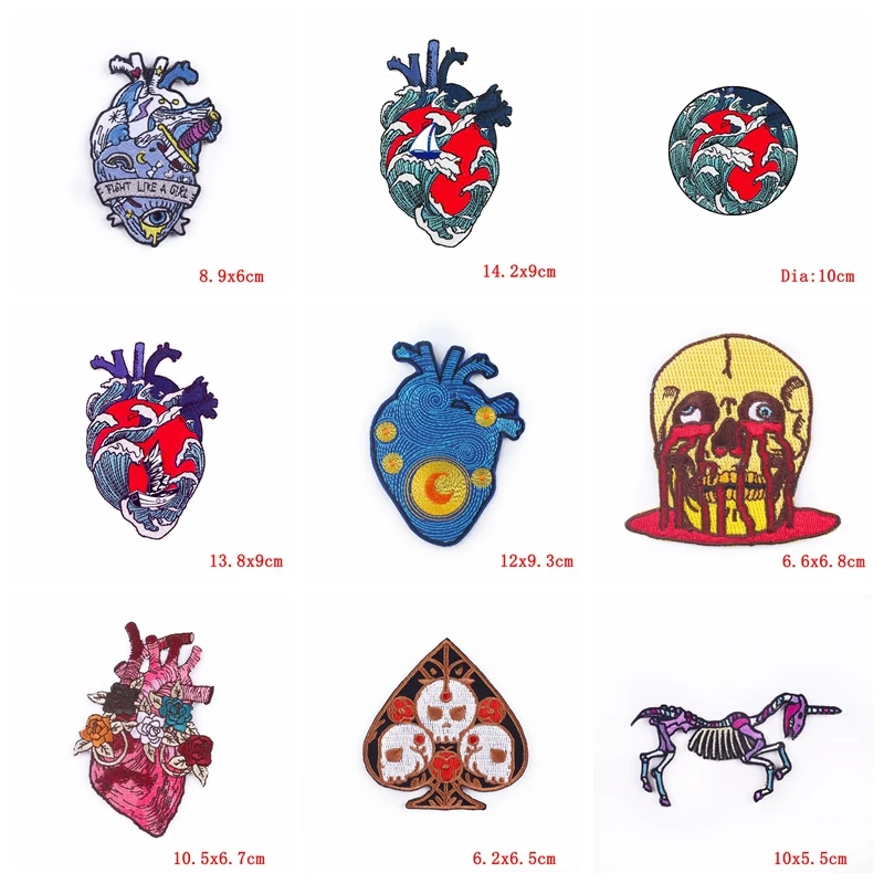 Parche bordado de Van Gogh con ondas de corazón, parches para planchar en la ropa, pegatina bordada de calavera Punk, apliques para ropa, 10 unids/lote - imagen 2