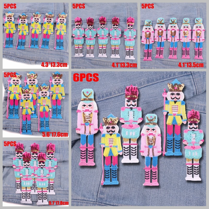 5/6 Uds venta al por mayor Cascanueces lentejuelas parches bordados dibujos animados rey soldado bordado parche hierro en parches para ropa DIY