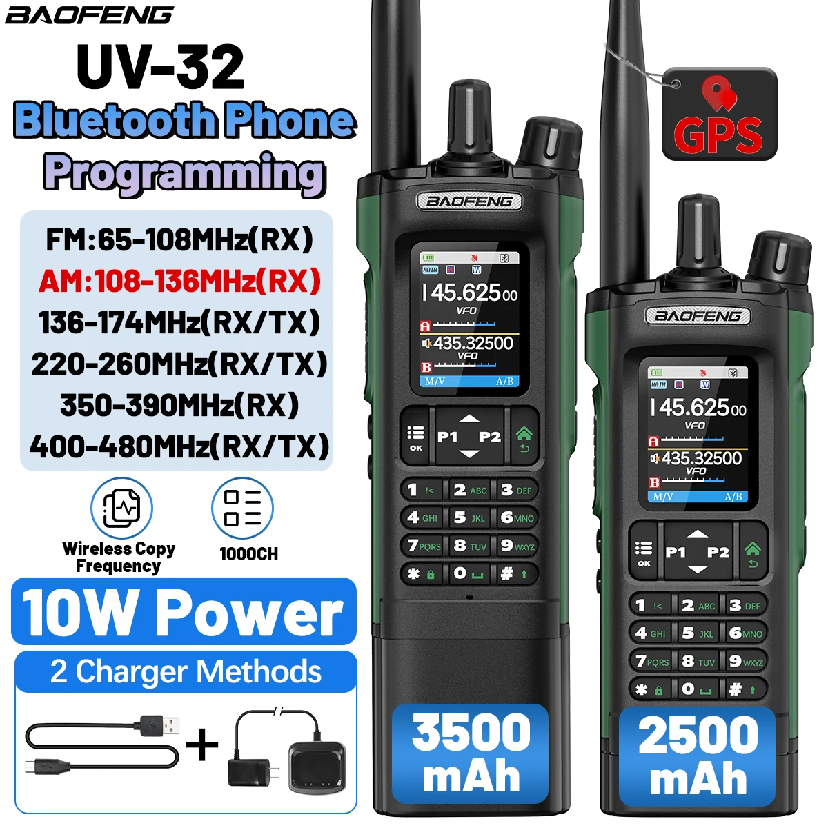 BAOFENG UV-32 walkie talkie radioaficionado con GPS y Bluetooth