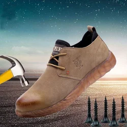 Zapatos de seguridad con punta de acero para hombre, botas de trabajo de cuero vacuno transpirables, zapatos de seguridad antideslizantes a prueba de perforaciones