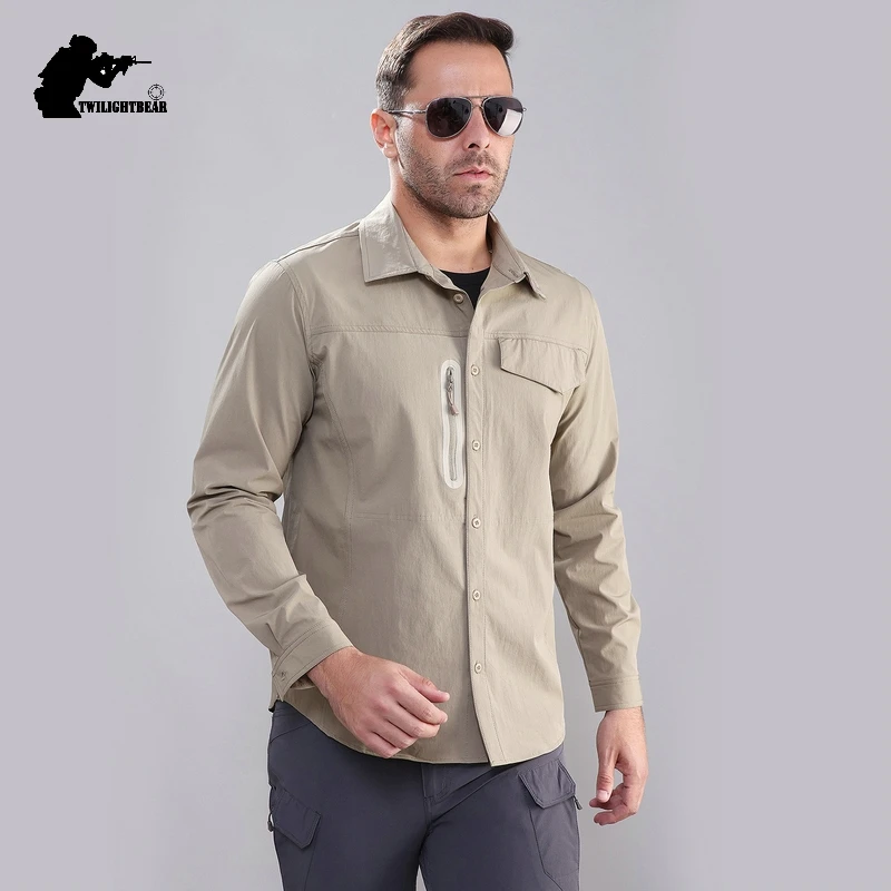 Camisa elástica para hombre, camisa de secado rápido con múltiples bolsillos, alta calidad, ropa informal, AF54 - imagen 3