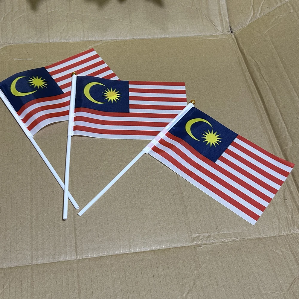 Bandera de Malasia SKY FLAG, 21*14cm, poliéster, banderas de Malasia para ondear con la mano, con asta de plástico de 30cm para actividades y decoración del hogar