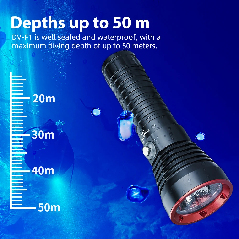 TrustFire-luz de buceo DV-F1, linterna LED de buceo recargable por Usb, 1350 lúmenes, 26650 baterías, profundidad de 50 metros, lámpara impermeable - imagen 4