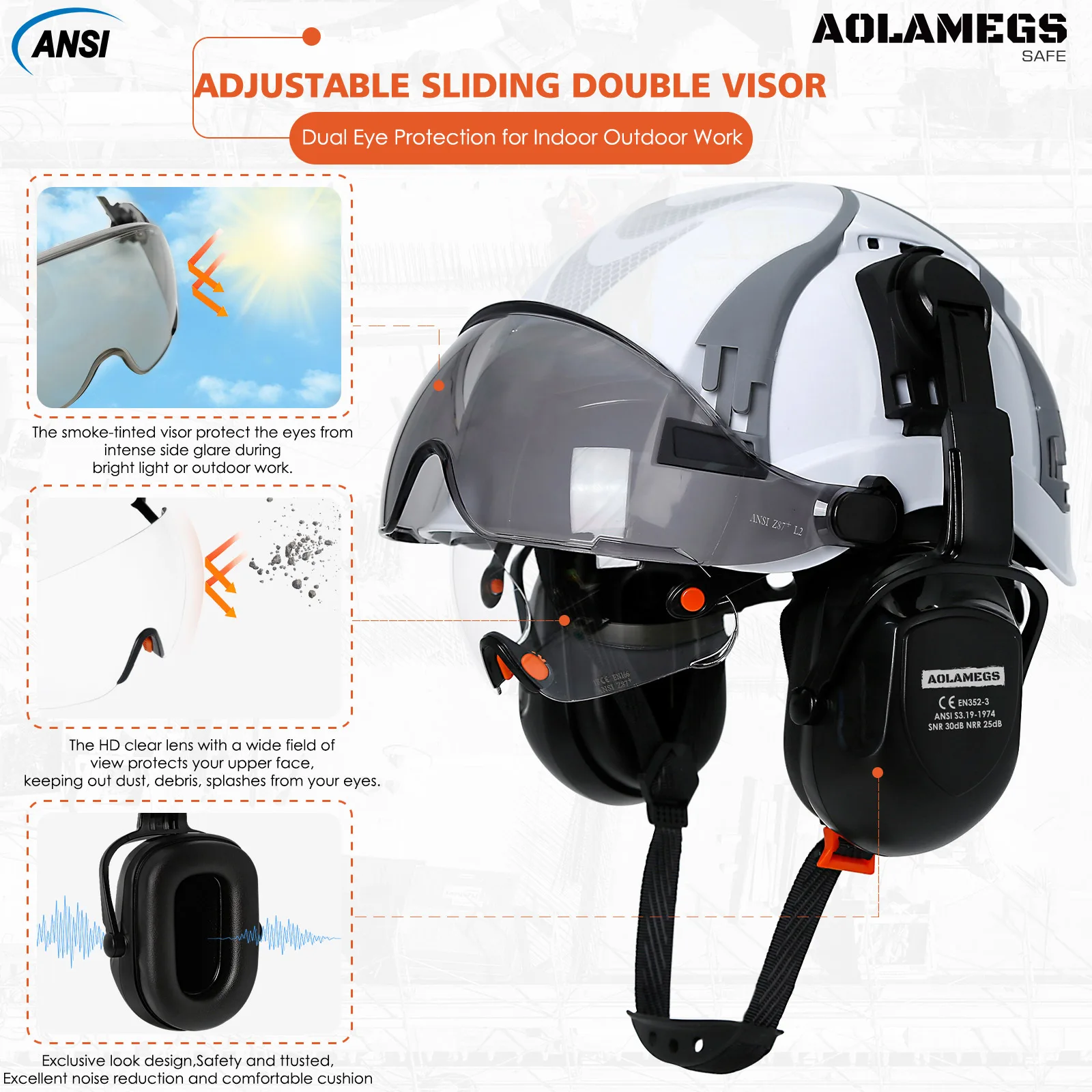 Gorro de seguridad CE con ranuras de ventilación ajustables, orejeras de gafas dobles para ingeniero, construcción ABS, sombrero duro, conjunto de casco Industrial ANSI - imagen 4