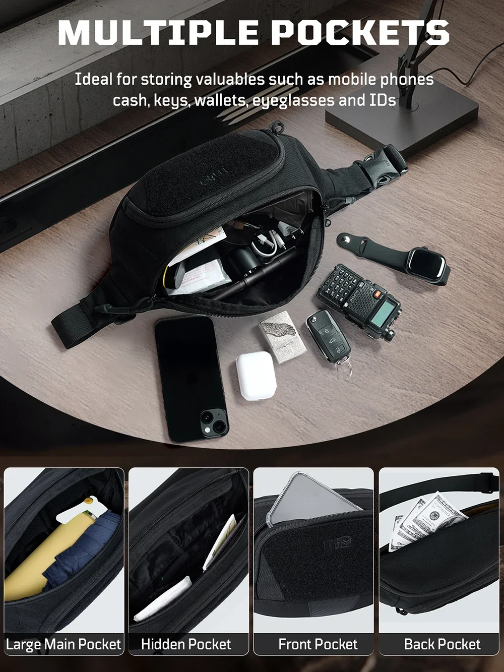 1TG Bolso táctico para hombres, riñonera para hombres y mujeres, bolso cruzado, riñonera táctica para senderismo, yoga - imagen 4