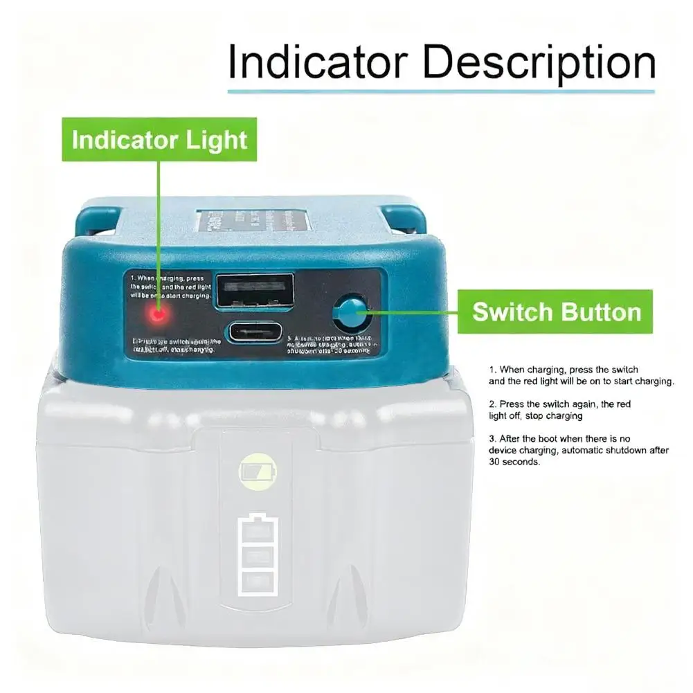 Adaptador de carga rápida con hebilla de cinturón de batería para batería de iones de litio Makita/Ryobi/Greenworks de 40V con puertos tipo C y USB 3.0A - imagen 3