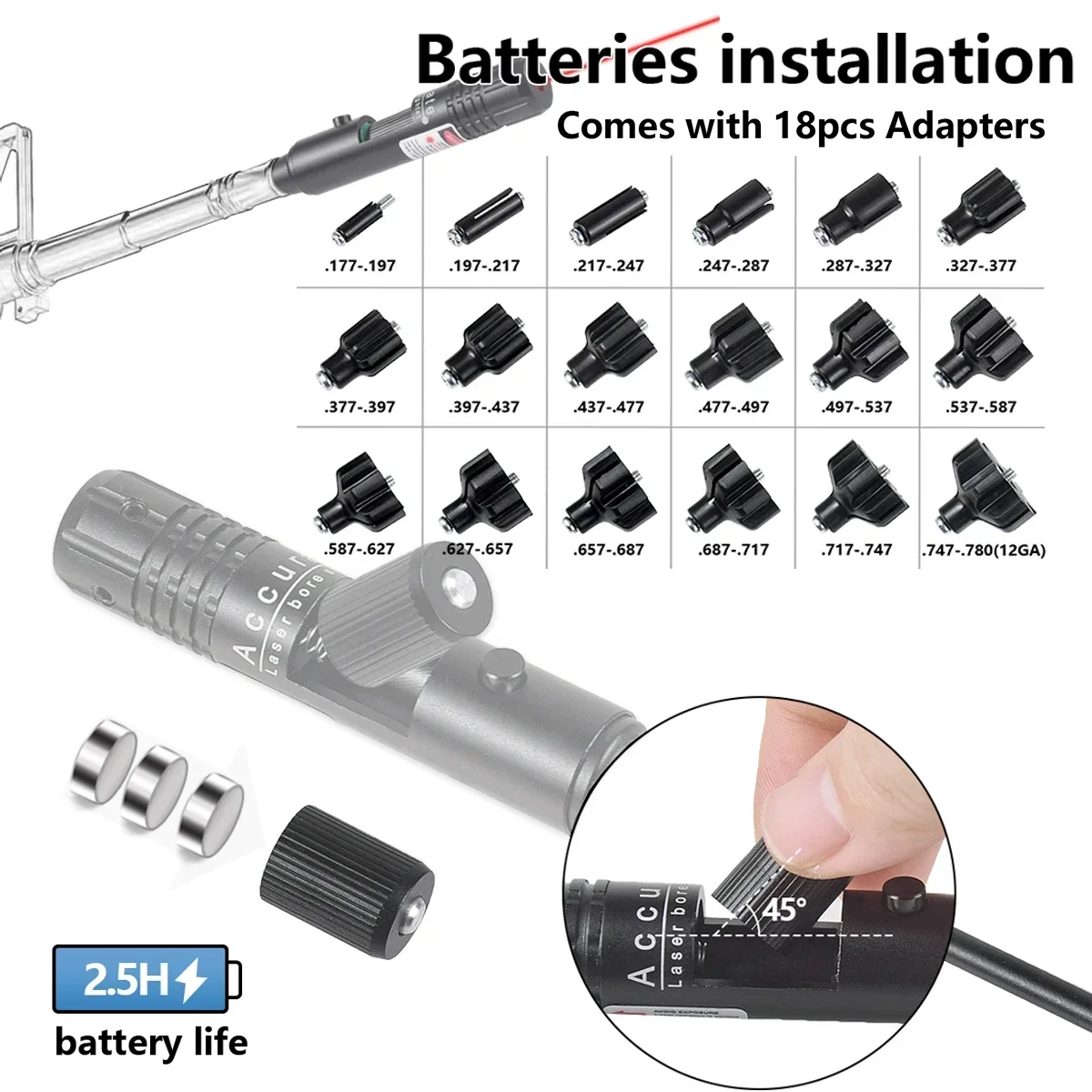 Kit de mira de orificio la-ser verde y rojo, adaptador 18 para.177.22 22LR.64.78 calibre 12GA, pistola, Rifle, escopeta, colimador Boresighter - imagen 3