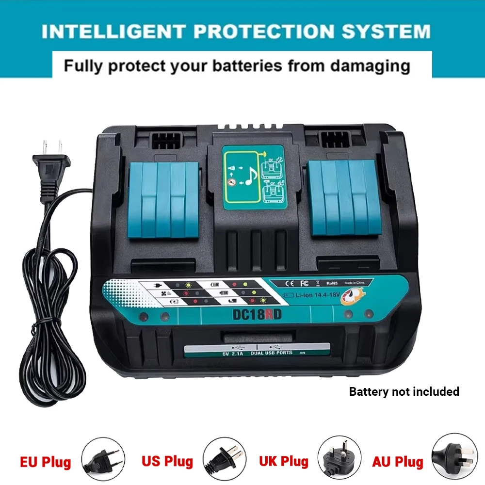 Cargador de batería de puertos duales 18V DC18RD para Makita 14,4 V 18V BL1830 Bl1430 DC18RC DC18RA herramienta eléctrica carga rápida