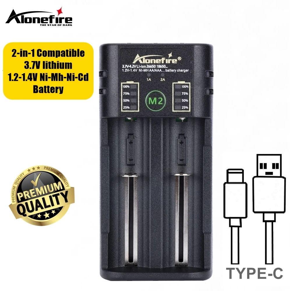 Alonefire M2 cargador USB de 2 canales 3,7 V Li-ion/1,2-1,4 V Ni-MH Ni-Cd linterna batería para 26650/16340/21700/18650/AA/AAA