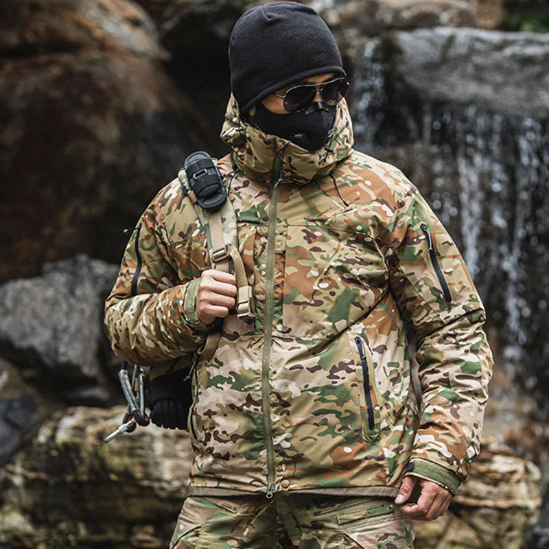 Chaquetas de plumón tácticas de camuflaje para hombre, abrigos militares cálidos impermeables con múltiples bolsillos, acolchados, con capucha del ejército al aire libre, 90% gris - imagen 2