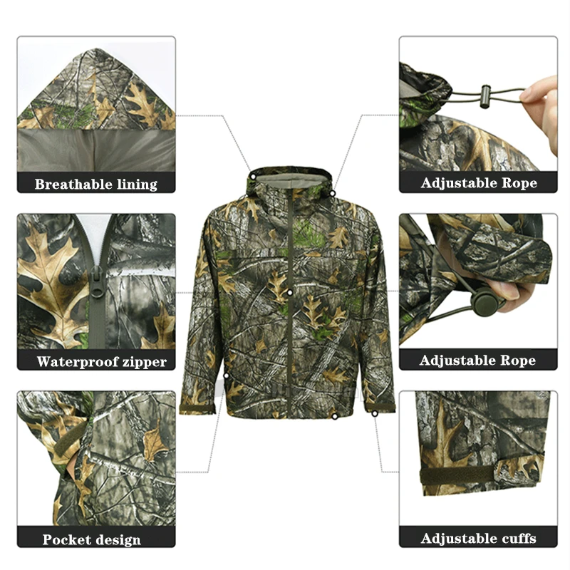 Una chaqueta con un patrón de camuflaje se muestra en diferentes etapas de ser puesto