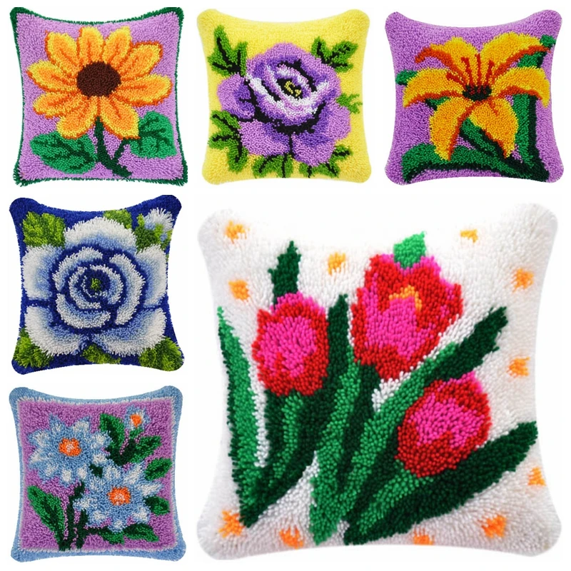 Kit de bordado de almohada de segmento de planta de tulipán, punto de cruz de lana gruesa, gancho de pestillo 3D, flores de hierba, bricolaje - imagen 2