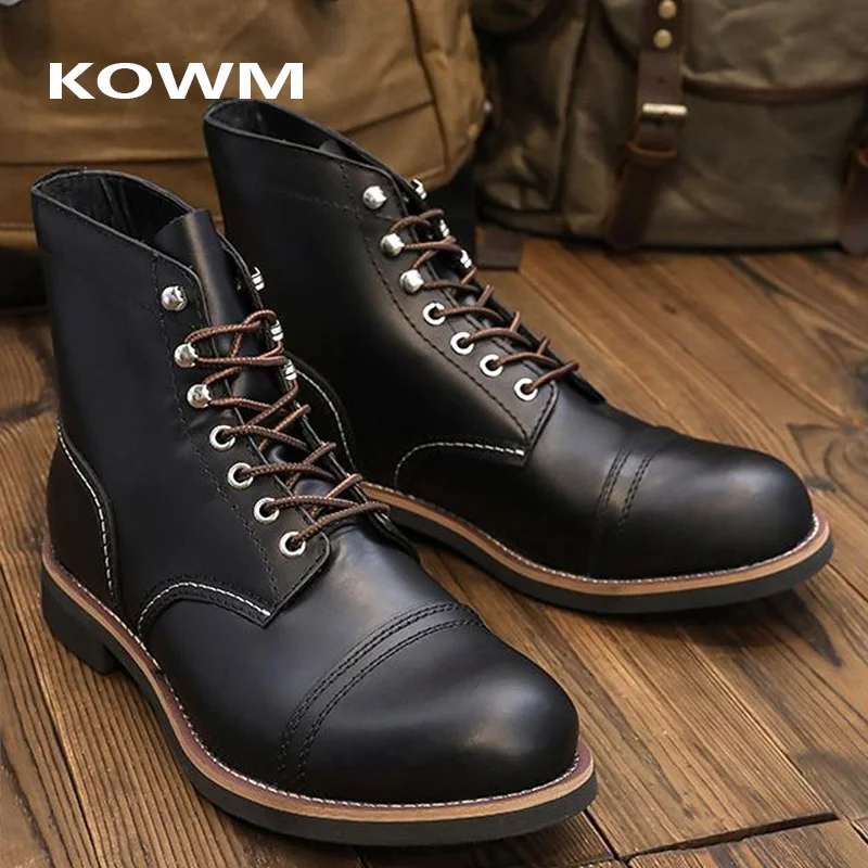 KOWM-zapatos de senderismo Goodyear de piel de vaca, botas para caminar para hombre, botas altas británicas para motocicleta, zapatillas informales hasta el tobillo, zapatos de trekking