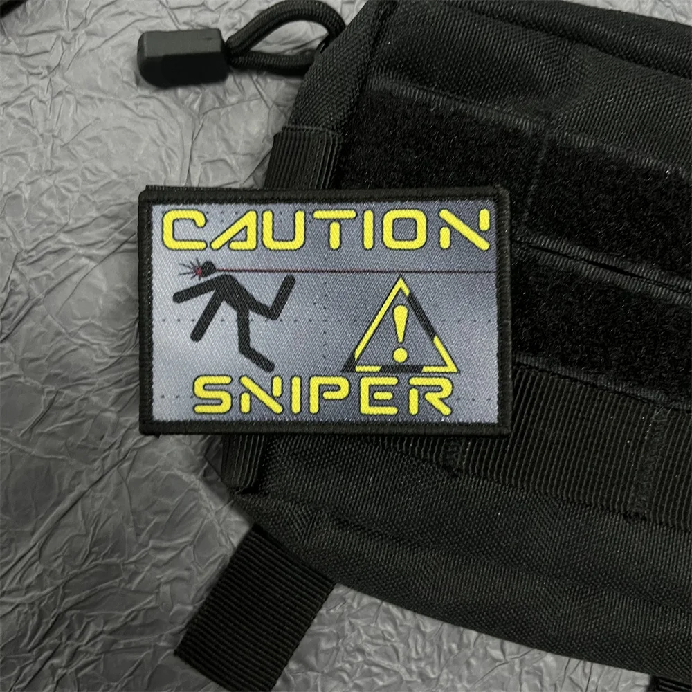 Parches de francotirador de precaución para ropa, pegatinas de impresión, mochila militar táctica, gancho y bucle, Wappen al aire libre