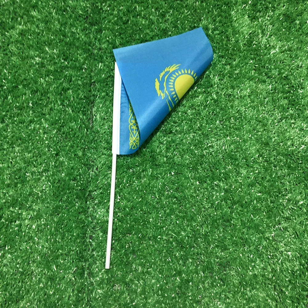 SKY FLAG Bandera de mano de Kazajstán 14x21cm 100 Uds poliéster penetración de doble cara Kazajstán KAG bandera ondulada a mano con poste de plástico - imagen 5
