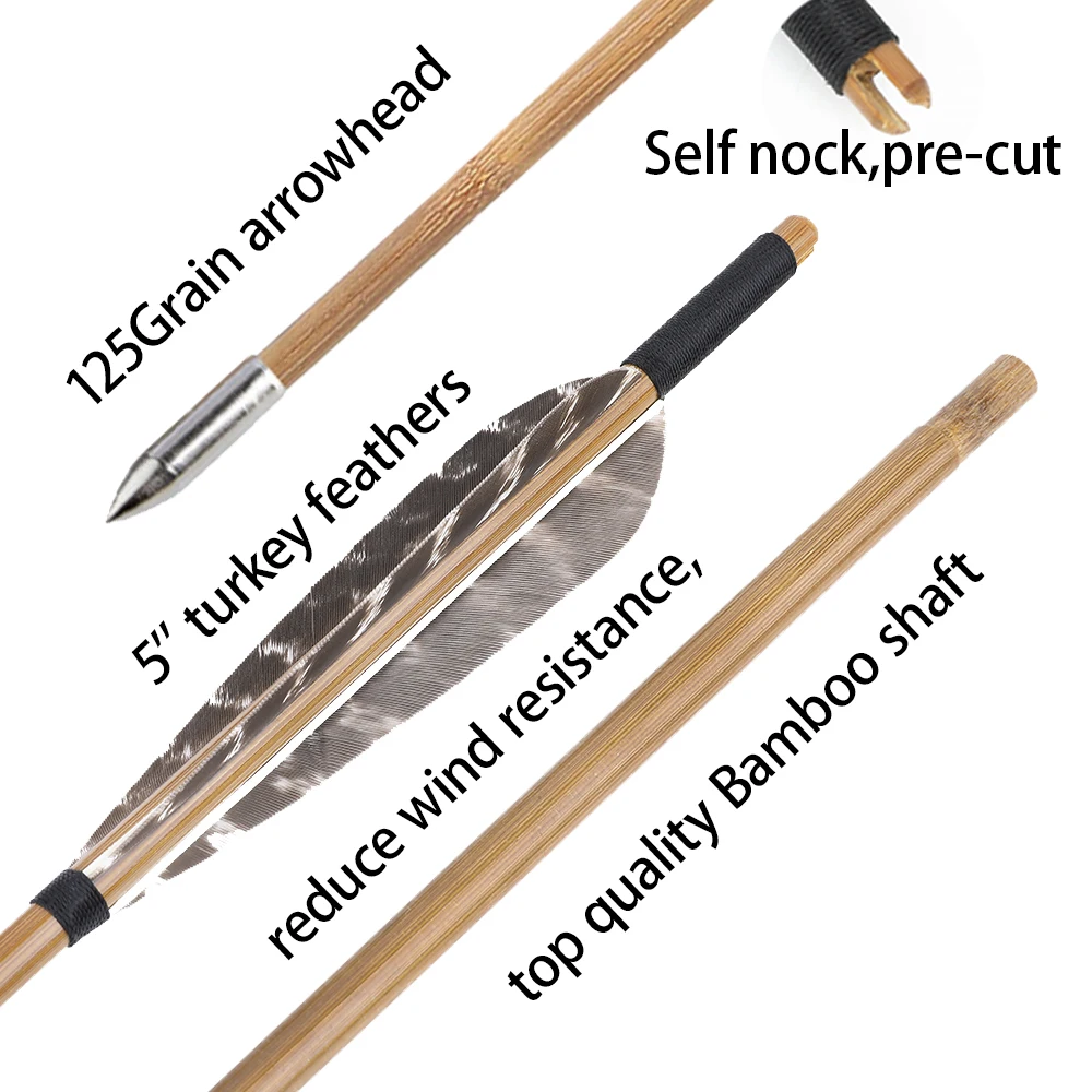 6/12 Uds flecha de bambú 85cm OD 8mm eje tiro con arco plumas reales 125 puntas de grano arco largo arco tradicional caza tiro objetivo flecha - imagen 5