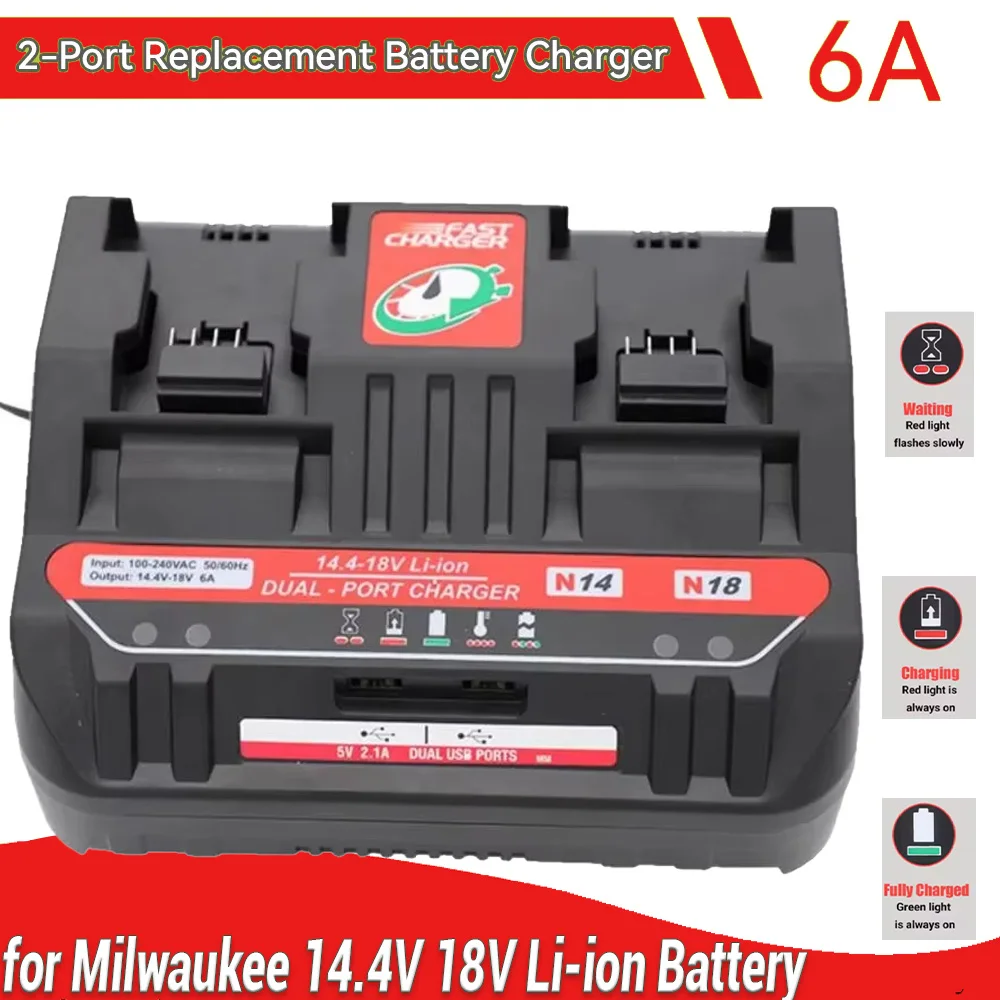 Estación de carga de batería de 2 puertos Compatible con batería de litio Milwaukee de 18V cargador de batería rápido 6A 160W con 2 puertos USB-A