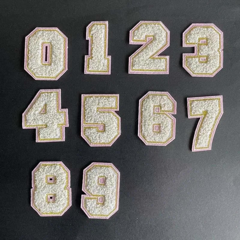 Letras del alfabeto A ~ Z, apliques de chenilla de 0 ~ 9 números, pegatinas blancas para planchar, bordado de toallas con parches de costura de hilo dorado - imagen 4