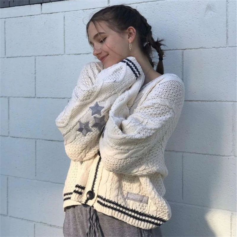 Cárdigans con bordado de estrellas para mujer, suéter informal de manga larga con botonadura única, abrigo Vintage, prendas de punto sueltas con cuello en V