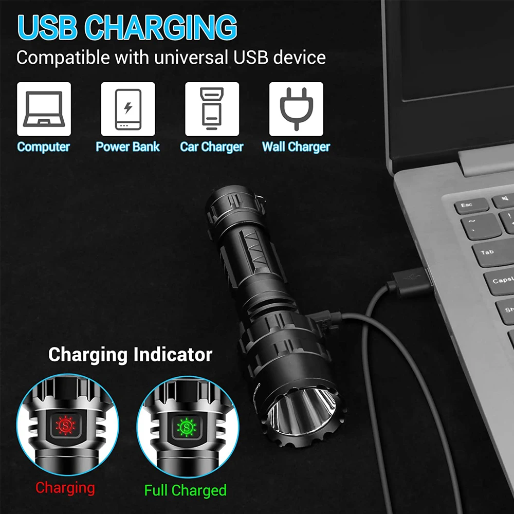 Linterna táctica de 1600 lúmenes, linterna recargable por USB, luz de caza impermeable con Clip, accesorios para pistola de tiro y caza - imagen 5