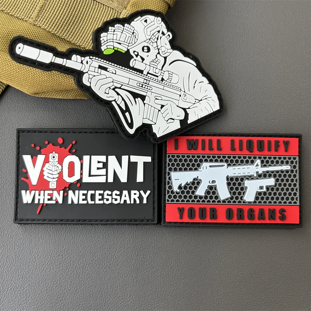 Parche táctico violento cuando sea necesario, Parche de gancho y bucle de PVC, Calavera militar con pistola, insignia de moral, brazalete, mochila, pegatinas para ropa - imagen 2