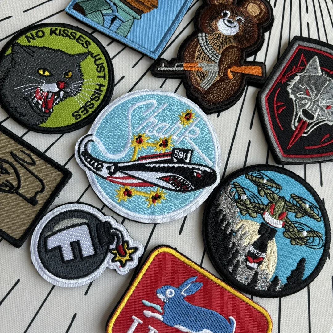 Bonito parche bordado de gatos sin besos, insignia de moral de tiburón militar submarino, parches de gancho y bucle, Drones tácticos, apliques de mochila - imagen 3