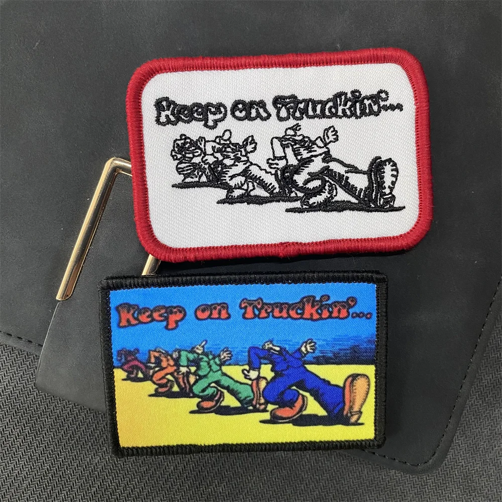 Keep on Truckin moral parches bordados para ropa, personaje de dibujos animados, mochila táctica, insignia, pegatina de impresión, gancho y bucle
