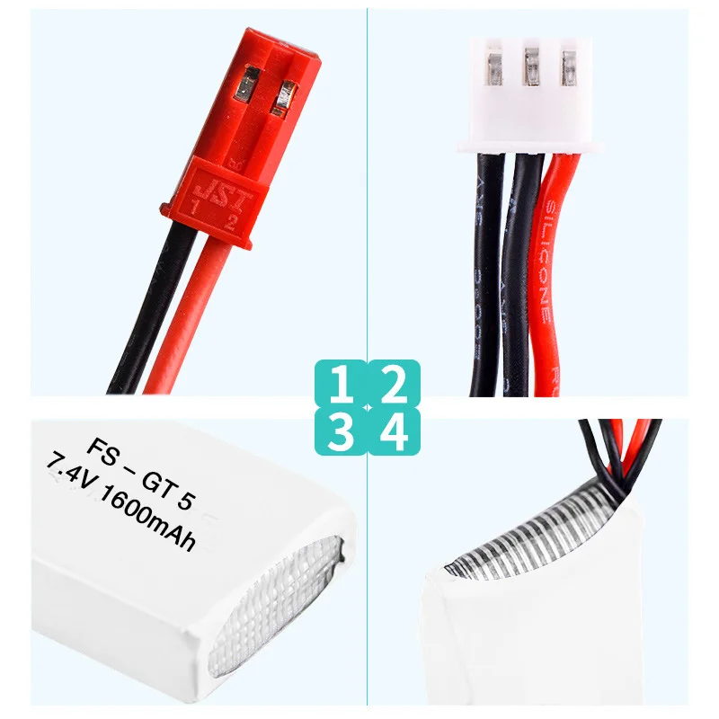 Batería Lipo de 7,4 V, 1600mAh para transmisor Flysky FS-GT5, modelos RC, piezas de helicóptero para MC6C MCE7 con enchufe JST, batería de 7,4 V - imagen 5