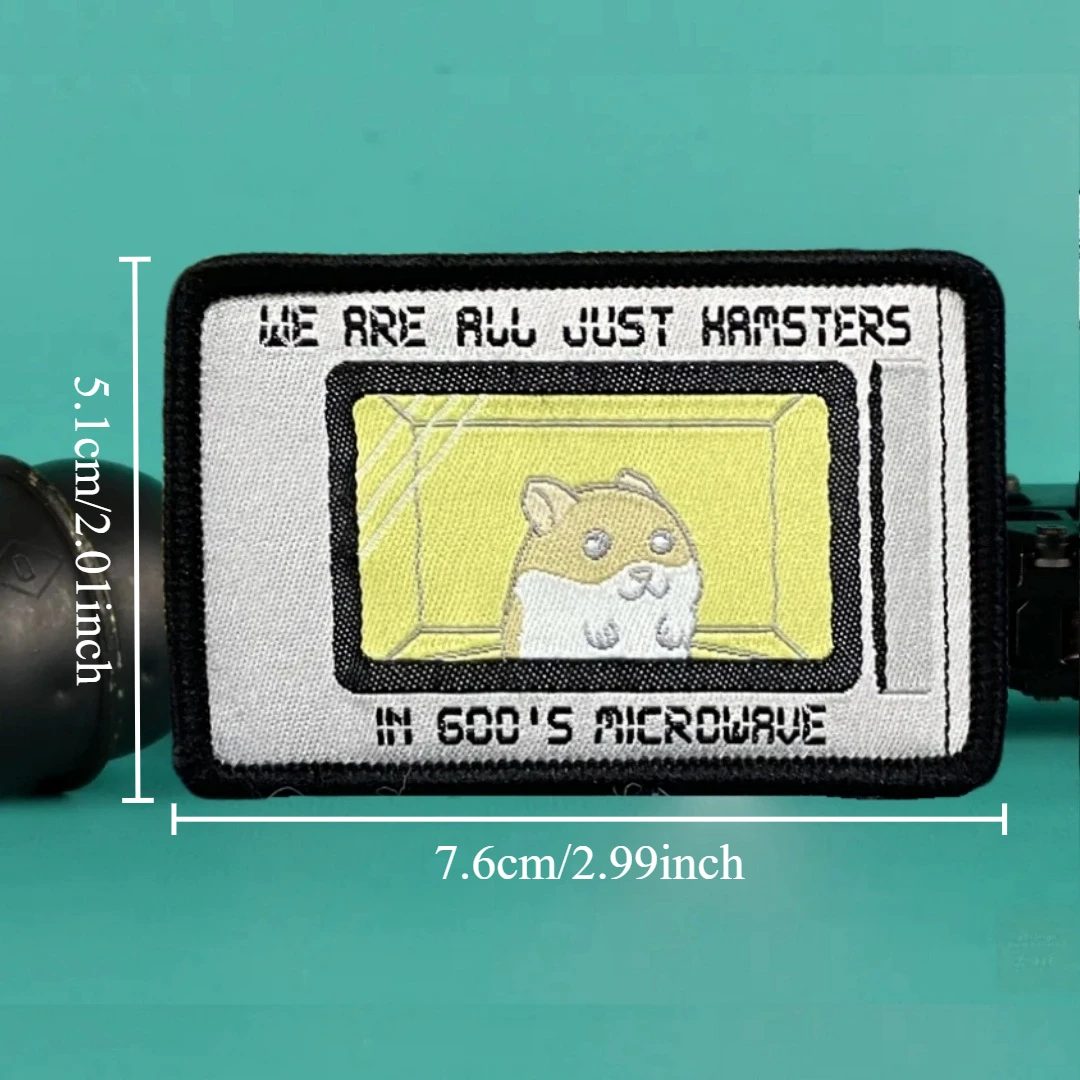 WE ARE ALL JUST HRMSTERS IN MICROWRVE de los 600, parches de marca tejida para ropa, insignia de moral táctica, pegatina para mochila - imagen 2