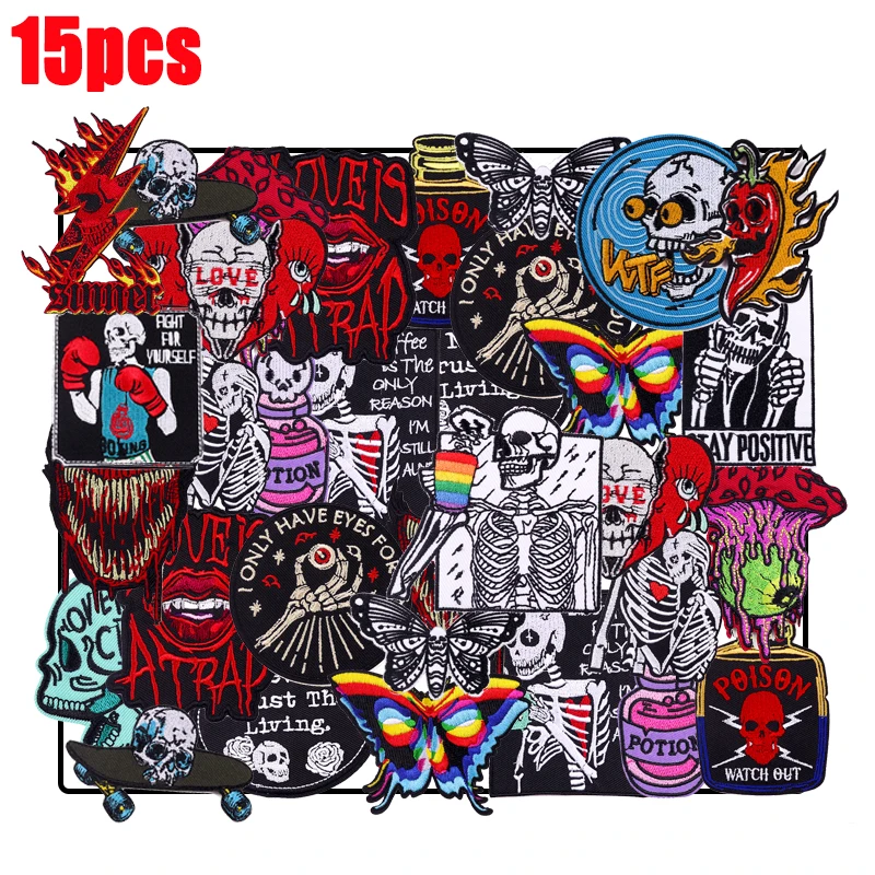 Parche Punk de alta calidad al azar, insignias bordadas para coser, parches para planchar para ropa, pegatinas con parche de calavera de terror, 5/10/15 Uds. - imagen 3