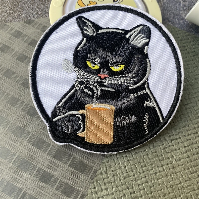 Parche bordado de moralidad táctica de gato para beber café, insignia militar, brazalete, gancho y bucle, ropa, mochila, sombrero, pegatinas