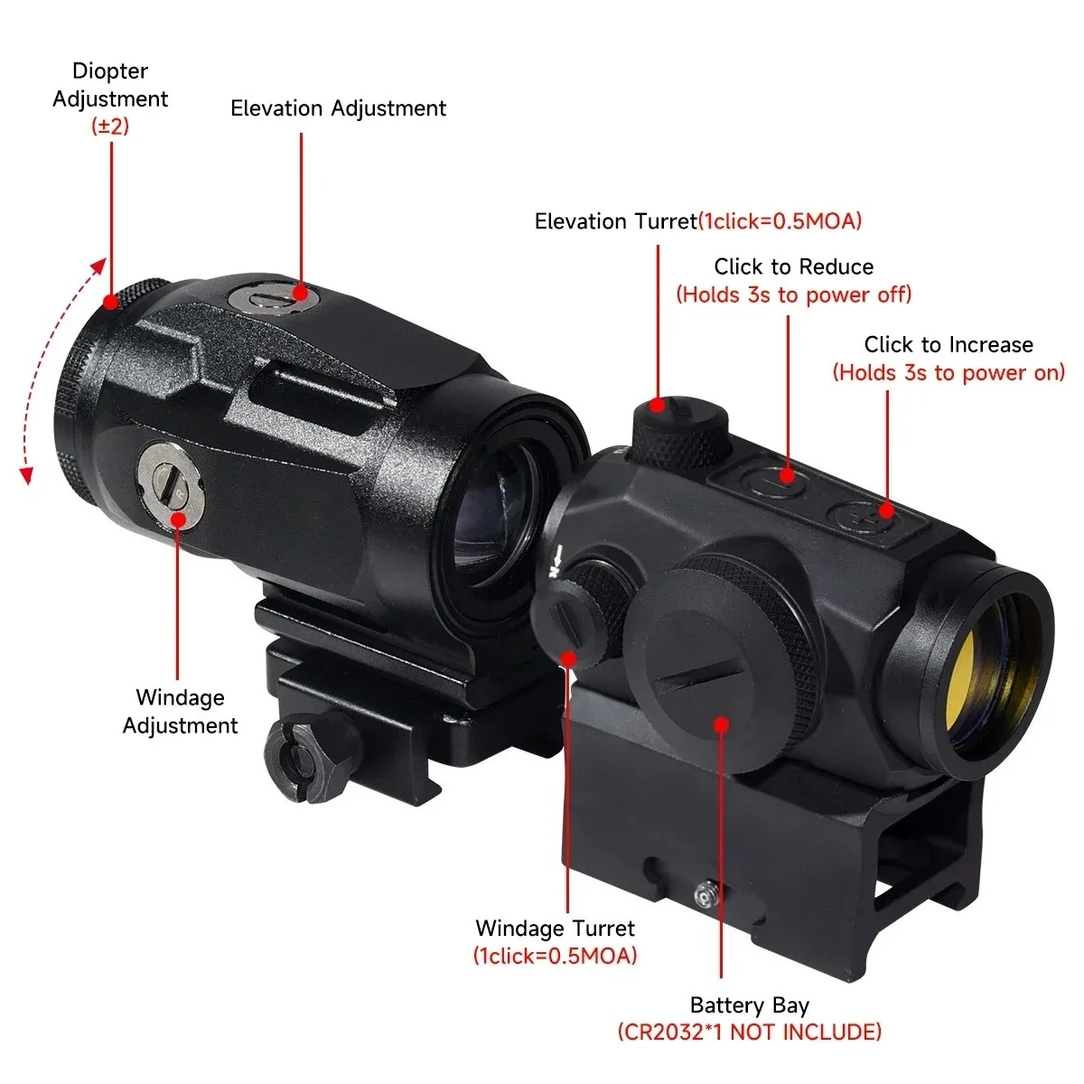 Lupa táctica R5 y J3 3X, mira de punto rojo, 2 MOA, mira telescópica réflex para caza, Combo de tiro holográfico, compatible con riel de 20mm - imagen 3