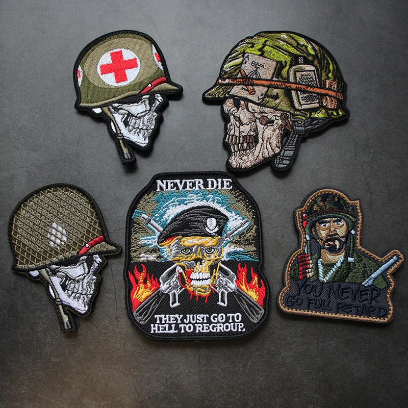 Accesorios para bolsa al aire libre, insignia de moral de soldado de calavera completamente bordada, brazalete táctico NEVER DIE, parche para mochila DIY personalizado - imagen 5