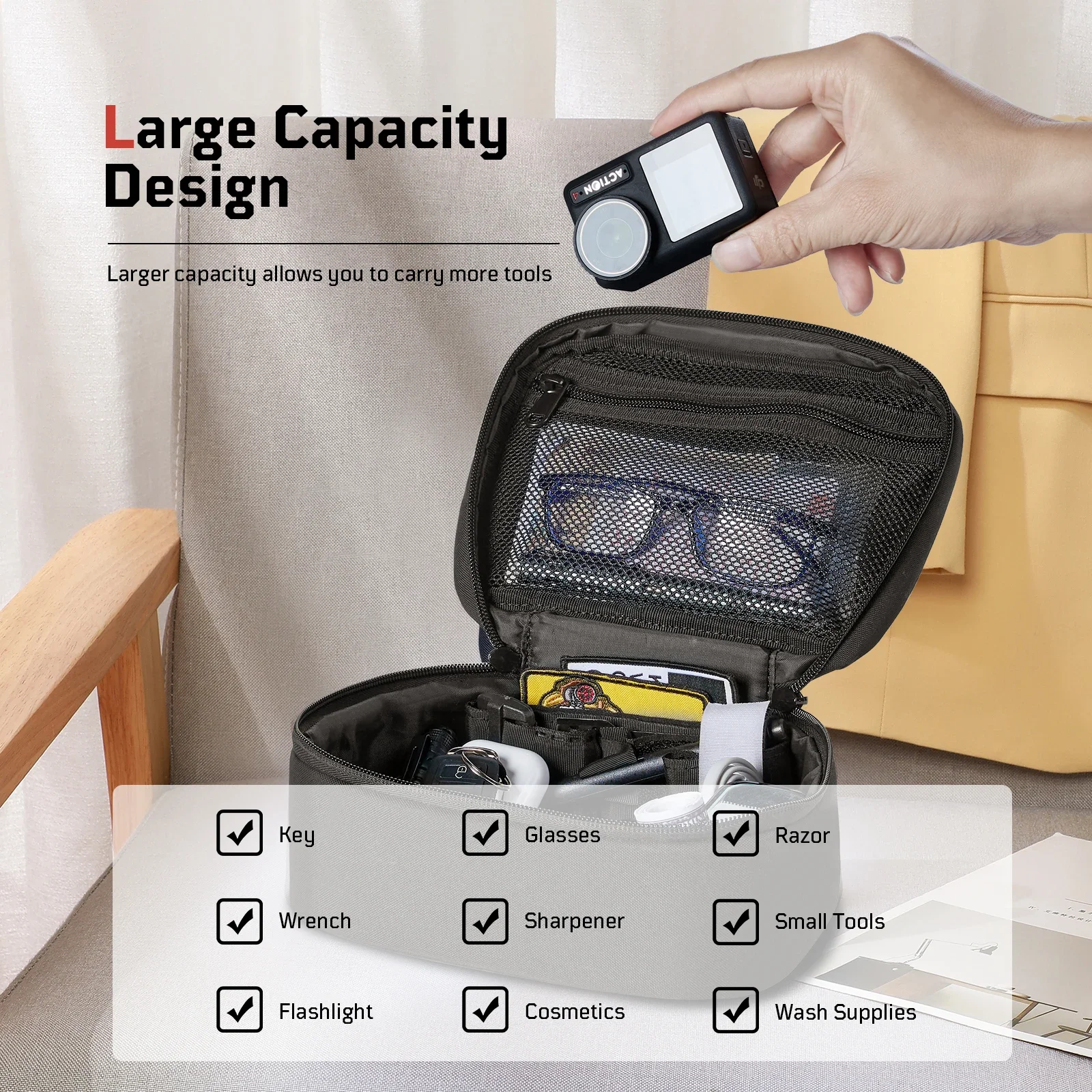 Bolsa de maquillaje de viaje 1TG, estuche de tren de maquillaje portátil, bolsa de almacenamiento organizadora con divisores ajustables para cosméticos, cepillos, artículos de tocador - imagen 2