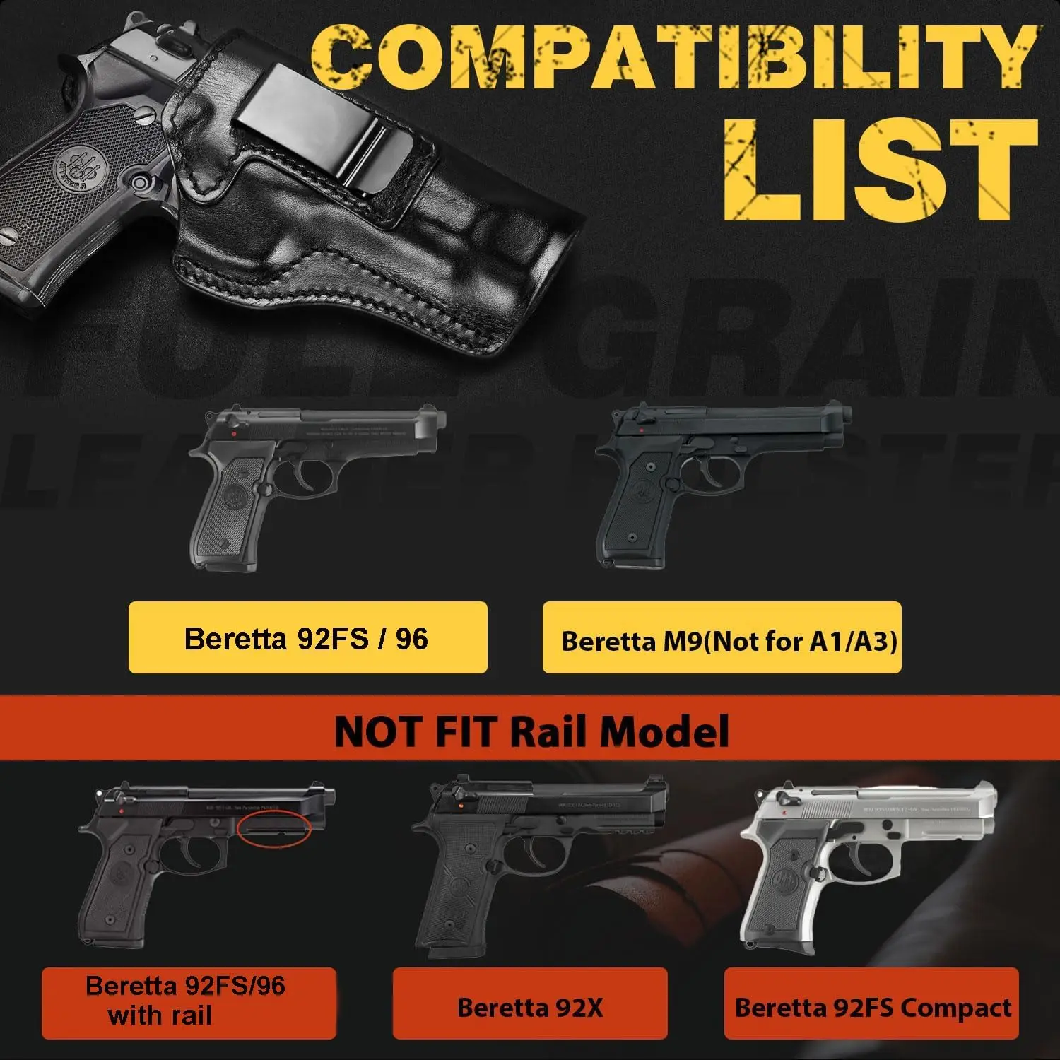 Funda de cuero IWB para Beretta 92FS/96/M9 (sin riel), transporte oculto, cinturilla interior, cinturón apto para 1,5 "-1,75", mano derecha - imagen 2